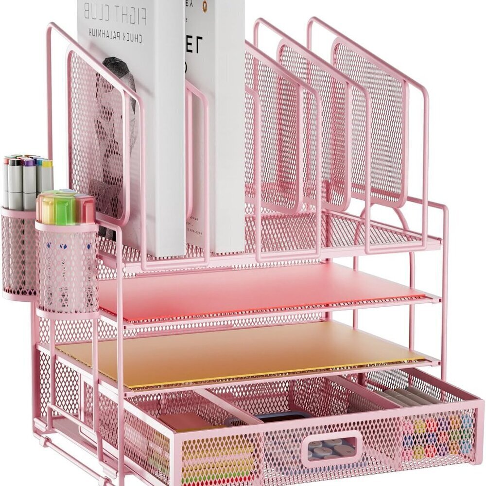Pink Mesh File Organizer 4-Tier Desk with 5 Vertical Holders